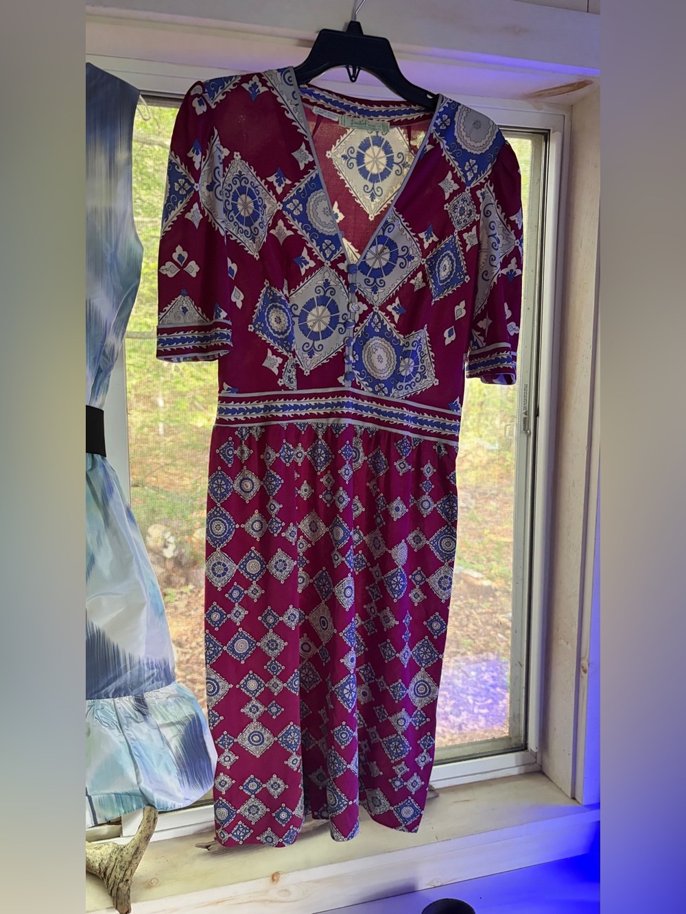 Emilio Pucci Maroon and Blue Printed Long Sleeve Midi Dress